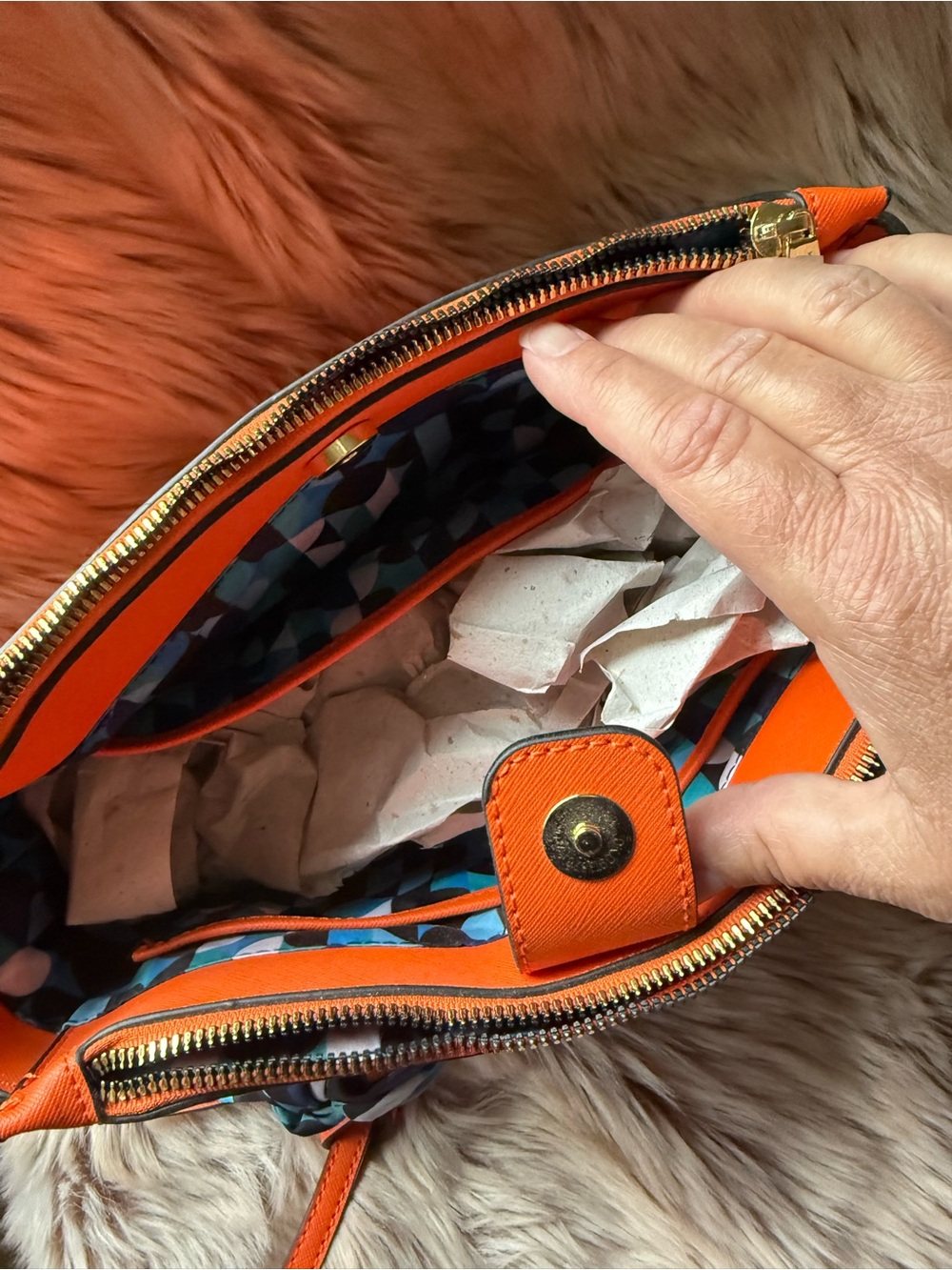 Trina Turk Orange Handbag with Blue Scarf and Interior and Gold Accents - Picture 4 of 11
